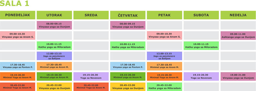 Redovni casovi joge u Beogradu - Surja joga studio - Raspored za salu 1